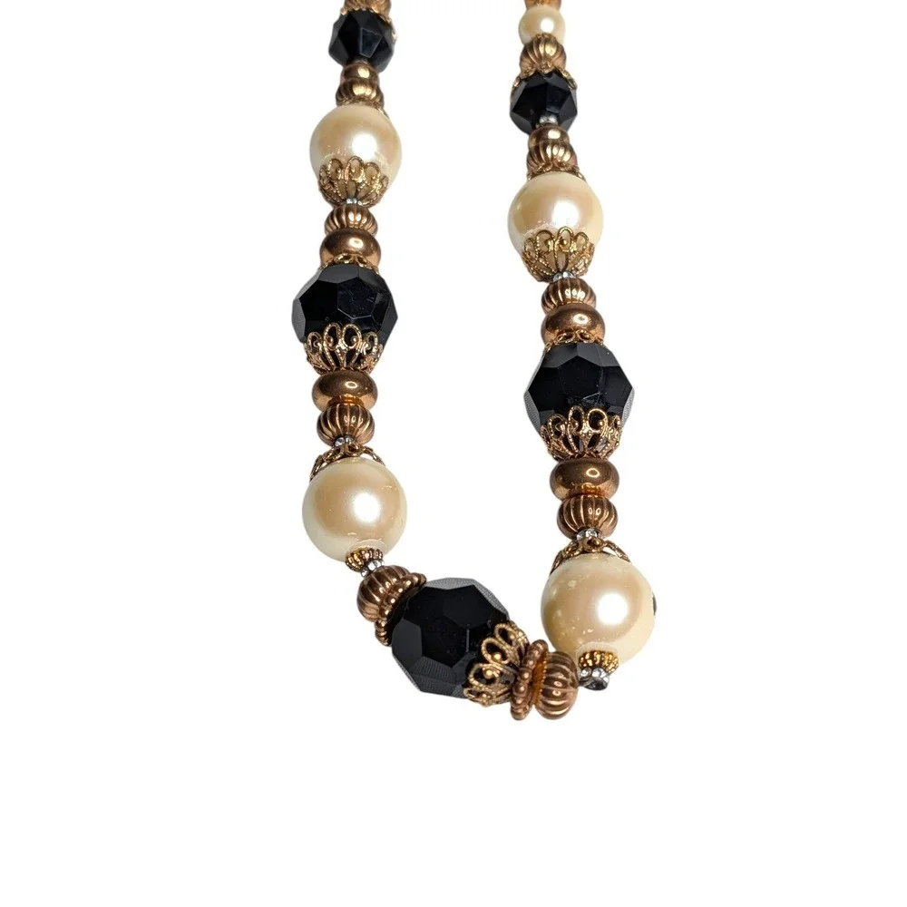 Vintage Style Black and‎ Cream Faux Pearl Beaded Necklace Gold Tone Accents